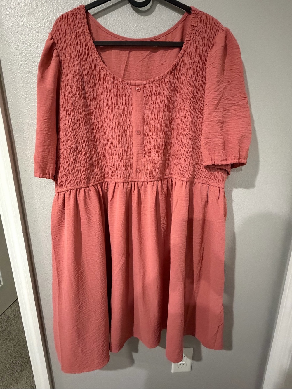Smocked Bodice Puff-Sleeve Casual Dress in Coral